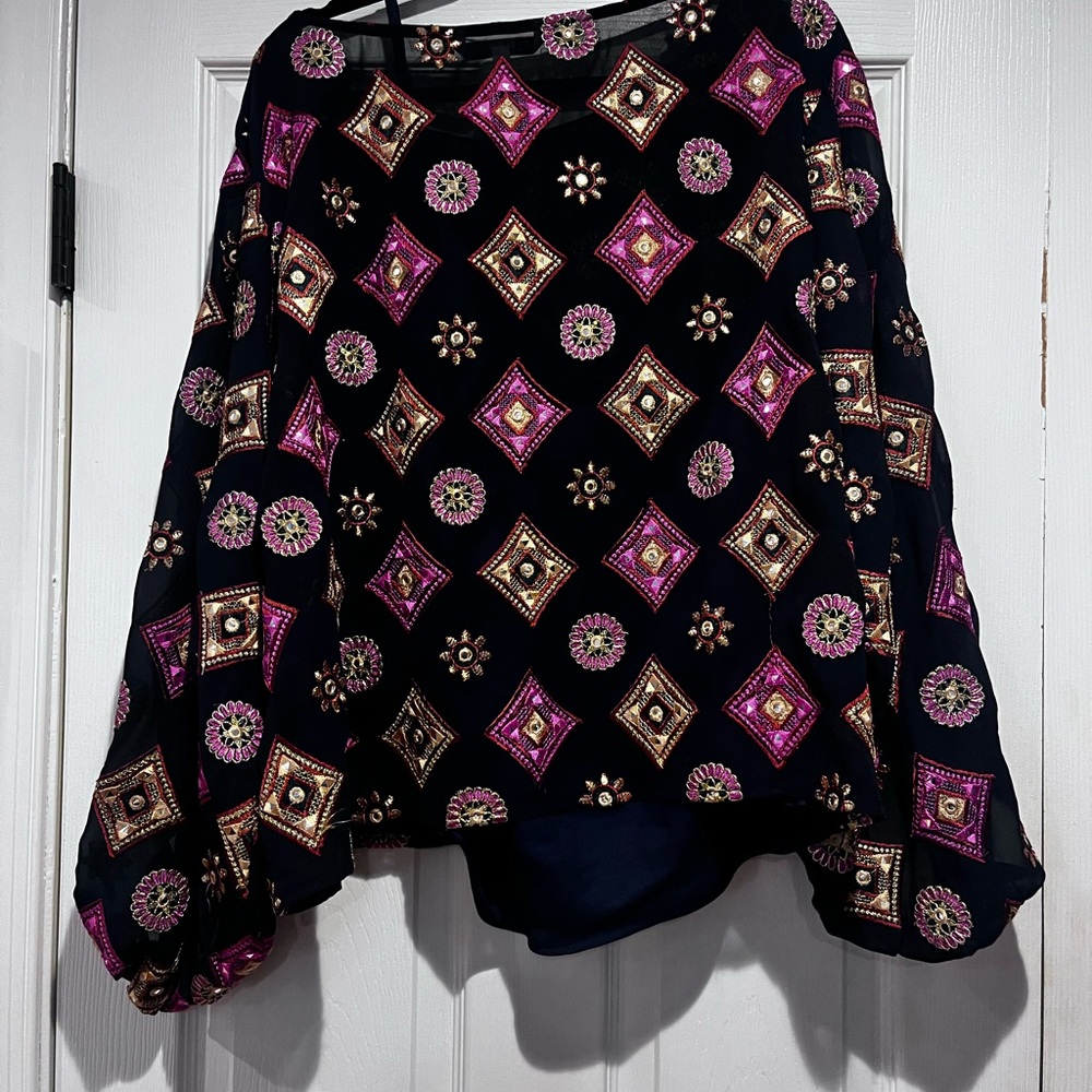Trina Turk Navy Top with Vibrant Embroidery